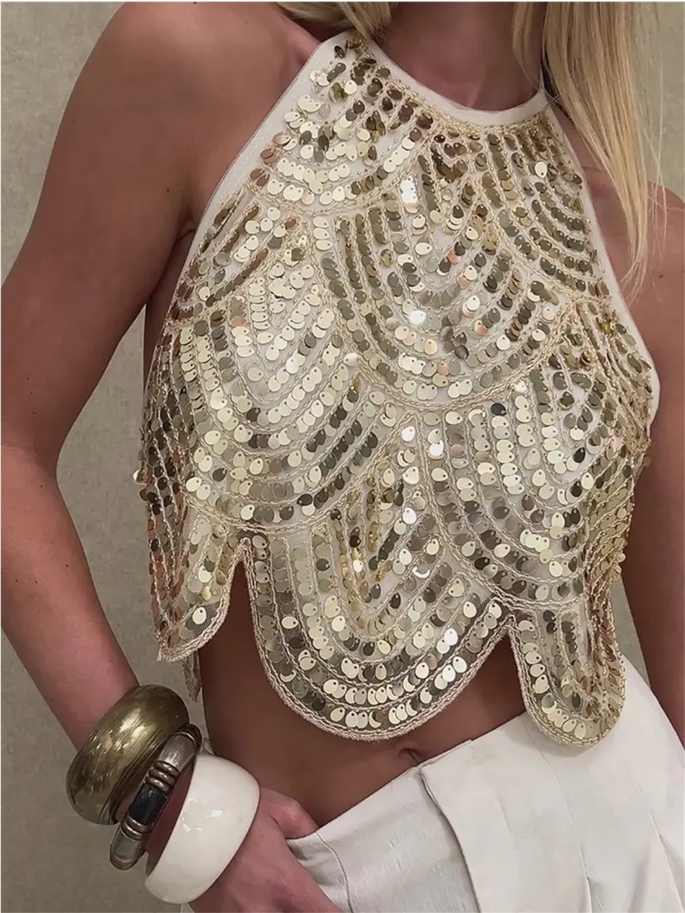 NWOT Sequined Halter Crop Top - Gold size M, L